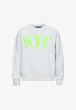 Biała bluza z okrągłym dekoltem, zdobiona dużym neonowo-zielonym napisem "NYC" oraz mniejszym tekstem poniżej. Miękki materiał z prążkowanymi mankietami i dołem.