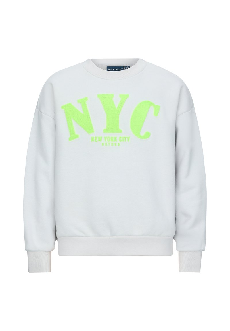 Biała bluza z okrągłym dekoltem, zdobiona dużym neonowo-zielonym napisem "NYC" oraz mniejszym tekstem poniżej. Miękki materiał z prążkowanymi mankietami i dołem.