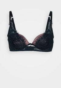 Black lace bra with sheer cups and a dark mesh band. Features adjustable straps and a delicate lace trim along the edges. Center bow detail.