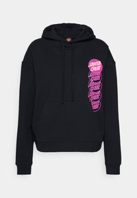 Svart hoodie med en framficka, prydd med rosa grafisk text "SANTA CRUZ" på vänster ärm och rundade logotypdetaljer. Mjuk tygtextur.