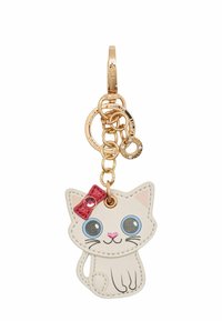 Portachiavi a forma di gatto, realizzato in morbida pelle color crema, con occhi blu, naso rosa e un fiocco rosa con dettagli accentuati.