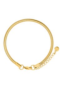 Bracciale color oro con un design a catena flessibile e simile a un serpente. Presenta un moschettone e una catena regolabile con un piccolo ciondolo a disco.