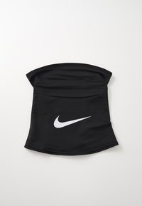 Fekete nyakvédő sima anyagból, elöl fehér Nike swoosh logóval. Rugalmas kialakítás kör alakú felső éllel.