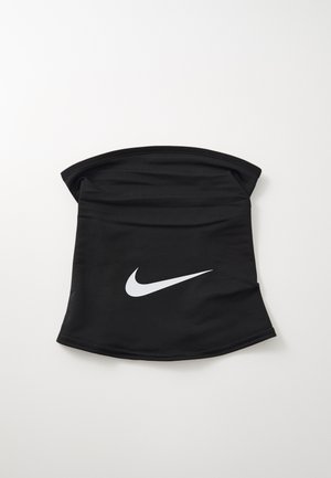 Zwarte nekwarmer gemaakt van gladde stof, met een witte Nike swoosh-logo aan de voorkant. Elastisch ontwerp met een afgeronde bovenrand.
