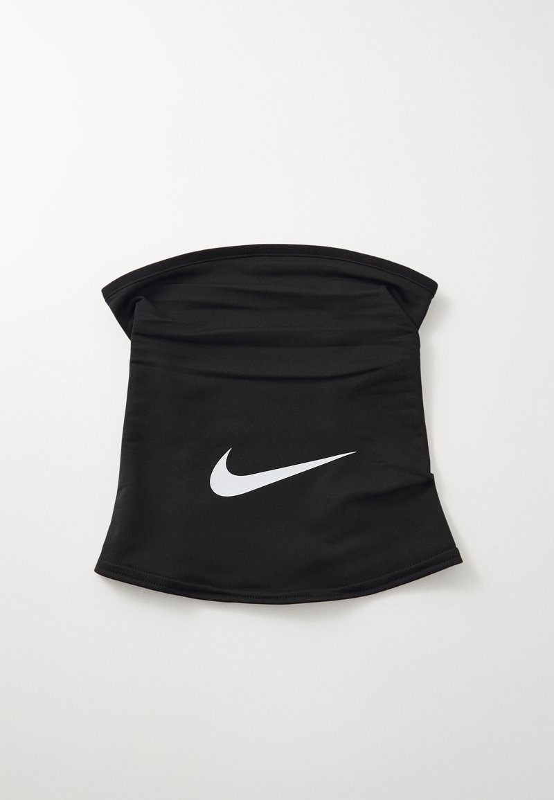 Fekete nyakvédő sima anyagból, elöl fehér Nike swoosh logóval. Rugalmas kialakítás kör alakú felső éllel.