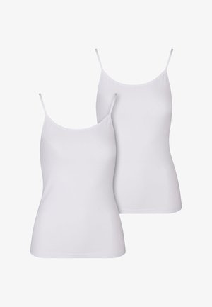 White camisoles with thin adjustable straps, made of soft, stretchable fabric. Features a fitted design and seamless construction. Two-pack included.