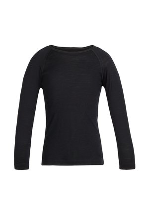 Sort, langærmet T-shirt med rund hals og synlige sømme langs raglanærmerne, vist på en hvid baggrund.