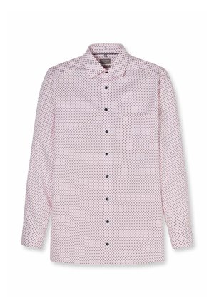 Pinkes langärmliges Hemd mit kleinen schwarzen Rautenmuster und spitzem Kragen, flach auf weißem Hintergrund ausgelegt.