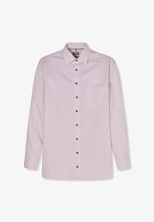 Pink long-sleeve button-up shirt with small black diamond pattern and pointed collar, laid flat on a white background.