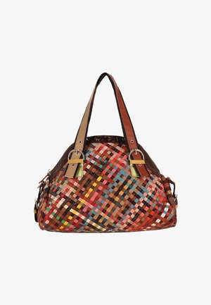 Geantă țesută cu culori vibrante precum roșu, albastru și galben. Mânere din piele maro cu accesorii metalice și design structurat.