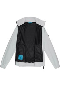Lichtgrijze jas met een zwarte binnenvoering, twee binnenzakken en een opstaande kraag met een ritsluiting. Inclusief een blauw etiket aan de binnenkant.