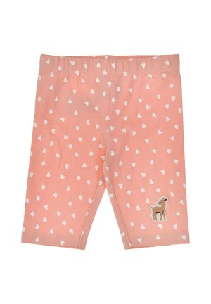 Pink toddler shorts with white heart pattern and a small deer patch on the lower right leg, featuring an elastic waistband.