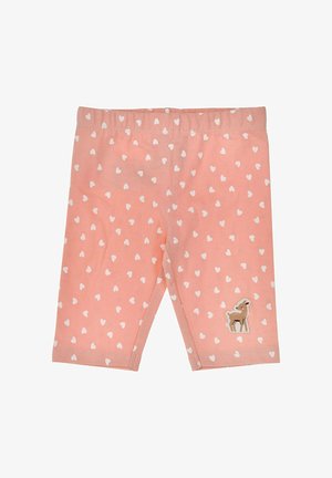 Pink toddler shorts with white heart pattern and a small deer patch on the lower right leg, featuring an elastic waistband.