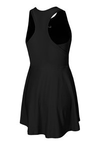 Black sleeveless dress with a fitted bodice and flared skirt. Features a cross-back design and smooth fabric texture. No visible patterns or hardware.