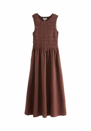 Rochie midi maro fără mâneci, cu corp texturat smock și talie adunată, care se lărgește într-o fustă netedă, în formă de A.