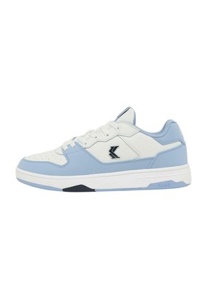 Athletic sneakers in white and light blue synthetic material, featuring a rounded toe, lace-up design, and black logo on the side.