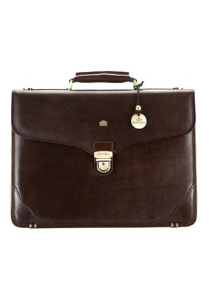 Serviette en cuir marron foncé avec une texture lisse, un design simple, une poignée supérieure, des éléments en métal doré, et une étiquette avec le nom de la marque "Wittchen."