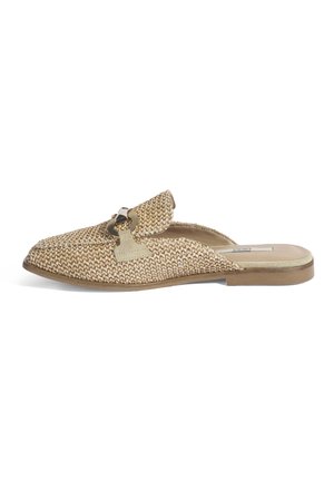 Woven beige slip-on shoe with a flat sole, featuring a smooth toe and metallic hardware accent on the upper.