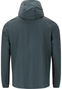 Kapuzensjacke in Dunkelgrau, aus leichtem, glattem Stoff gefertigt. Hat lange Ärmel und ein minimalistisches Design ohne sichtbare Hardware.