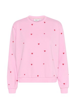 Felpa rosa con piccoli motivi a cuore rossi sparsi, colletto rotondo, maniche lunghe e polsini e orlo a costine. Realizzata in tessuto morbido.