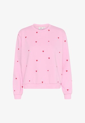 Rosa Sweatshirt mit verstreuten kleinen roten Herzmustern, Rundhalsausschnitt, langen Ärmeln und gerippten Bündchen und Saum. Aus weichem Material gefertigt.
