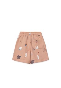 Pantalones cortos color durazno con una cinturilla elástica, que presentan patrones juguetones de perros, corazones y la Torre Eiffel, con un bolsillo trasero.