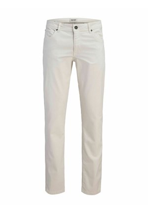 Pantalon en coton couleur crème, coupe droite, cinq poches et fermeture par bouton. Présente un design classique avec une couture minimale.