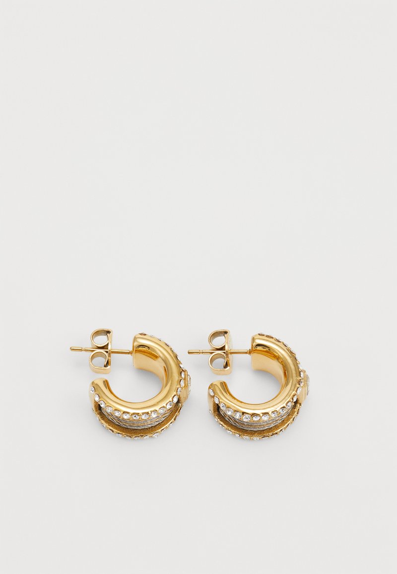 Gold hoop earrings with a textured finish, featuring a row of small clear crystals along the edge and a stud backing.