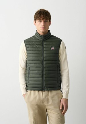 Gilet puffa verde con zip sul davanti, colletto alto e branding sottile. Presenta un design trapuntato, tasche laterali e materiale leggero.