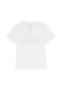Effen witte kinder T-shirt met korte mouwen, weergegeven vanaf de achterkant met een klein, vaag logo nabij de halslijn.