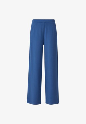 Blaue weite Hosen mit hohem Bund und glattem Stoff, von vorne vor weißem Hintergrund dargestellt.