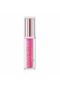 Contenitore quadrato di lucidalabbra trasparente con gloss rosa visibile all'interno. Presenta un tappo metallico rosa e argento, etichettato "GLOSS AFFAIR."