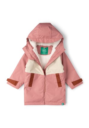 Children's pink and cream winter coat with hood, brown pocket details, and soft white fleece lining, zipped open to show interior.