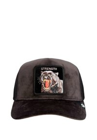 Black trucker hat with suede texture, featuring an embroidered patch of a roaring panther and the word "STRENGTH" in bold lettering.