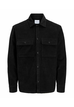 Chaqueta de pana negra con botones, dos bolsillos delanteros con solapa y un cuello clásico, mangas largas y textura acanalada.