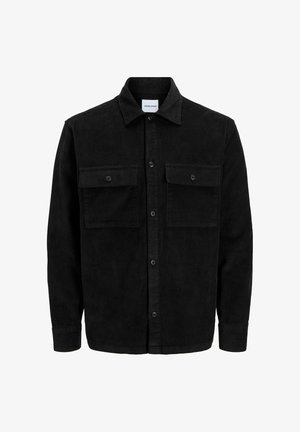 Sort fløjl button-up jakke med to frontlommer og klassisk krave, lange ærmer og ribbet tekstur.