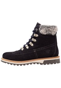 Schwarze Wildleder-Stiefeletten mit Kunstfellkragen, metallischen Ösen, Schnürdesign und strukturiertem Gummisohle. Mit braunem Sohlenrand.