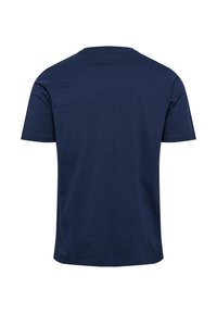 Mörkblå t-shirt med kort ärm, rund hals, tillverkad av mjukt tyg med en slät yta, med en enkel baksida utan dekorationer.