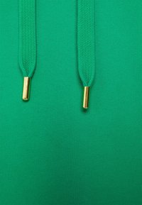 Zelená mikina vyrobená z hladké tkaniny, která má dvě pletené šňůrky se zlatými kovovými konci. Jednoduchý, jednobarevný design.