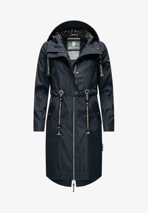 Dark navy waterproof jacket with a cinched waist, zip front, two side pockets, and a patterned inner lining. Adjustable hood and drawstrings.