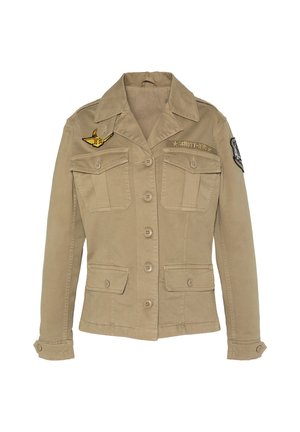 Beige, militärisch inspirierte Jacke mit Knopfleiste, vier Fronttaschen, bestickten Aufnähern auf Brust und Ärmel sowie knöpfbaren Manschetten.