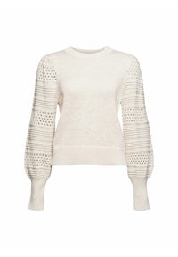 Pull beige clair avec un col rond, des manches texturées présentant des motifs en maille ouverte, et un ourlet côtelé ajusté. Matière douce et confortable.