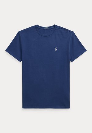 T-shirt bleu marine à manches courtes et col rond avec un petit logo blanc Polo Ralph Lauren sur la poitrine gauche.