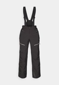 Schwarze wasserdichte Schneehosen mit verstellbaren Trägern, zwei Reißverschlusstaschen und einer lockeren Passform. Sie verfügen über verstärkte Säume und eine glatte Textur.
