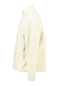 Giacca in fleece crema con colletto alto, chiusura a mezza zip e tasca laterale. Presenta un tessuto testurizzato e una vestibilità comoda.