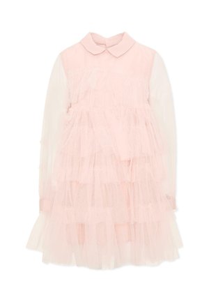 Robe rose clair à manches longues avec volants en tulle superposés et col rond, conçue pour un enfant.
