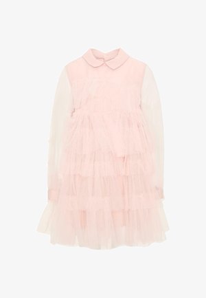 Vestito rosa chiaro a maniche lunghe con balze in tulle sovrapposte e colletto arrotondato, progettato per un bambino.