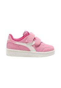 Sneakers rosa con una superficie liscia, caratterizzati da dettagli bianchi, un design a posto basso e due cinturini in Velcro per una chiusura sicura.