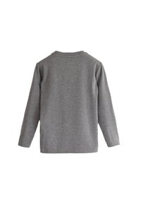 Maglietta grigia a maniche lunghe realizzata in tessuto morbido, con scollatura tonda e design semplice, senza motivi o dettagli visibili.