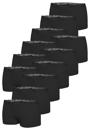 Set of twelve black women’s boyshort panties with lace trim along the waistband, arranged in a staggered formation.